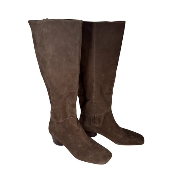 Vince. Ramona WIDE CALF Square Toe Mid Heel Suede Boots Women's 38/7.5 Pinecone - Picture 2 of 8
